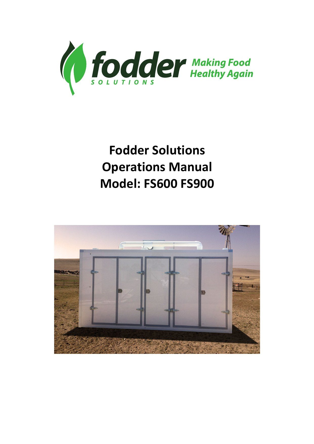 Fodder Solutions Operations Manual cover, Model FS600 FS900